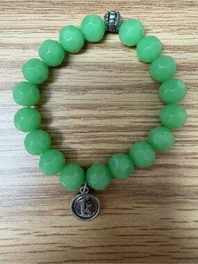 Personalized Green Stretch Bracelet with 'K' Initial Charm